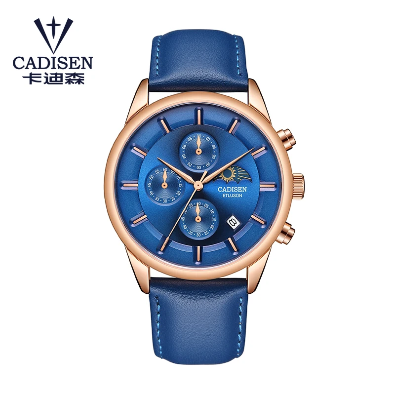 BLUE WRISTWATCH CADISEN часы Мужские лучший бренд класса люкс мужские модные часы с кожаным ремешком в стиле кэжуал Кварцевые водонепроницаемые наручные часы Moon Phase Relogio Masculino - Цвет: BLUE WRISTWATCH