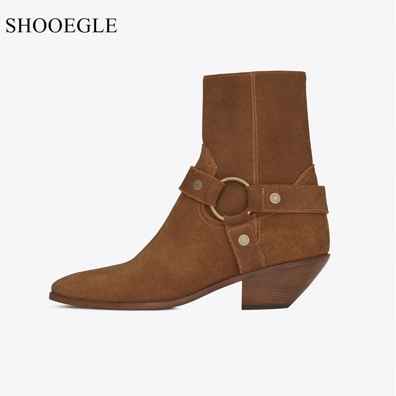 

New Fashion Women’s Boots Black Brown Suede Leather Circled Strap Western Cowboy Boots Pointed Toe Med Heels Shoes Botas Mujer