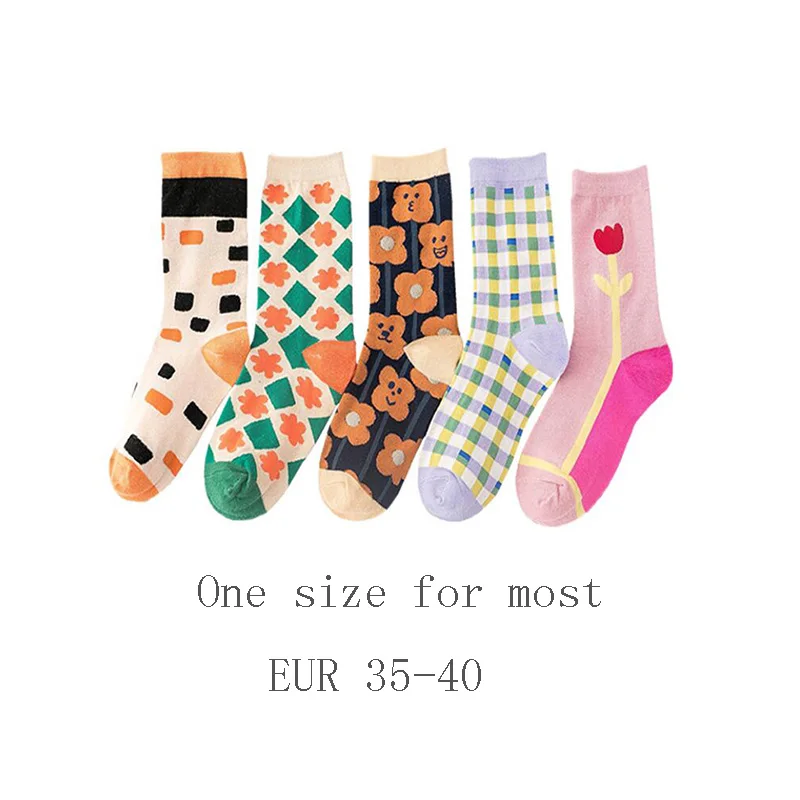 

New Arrival Happy Socks Women Funny Streetwear Hip Hop Cotton Plaid Flower Autumn Winter Warm Crew Socks Gift for Women
