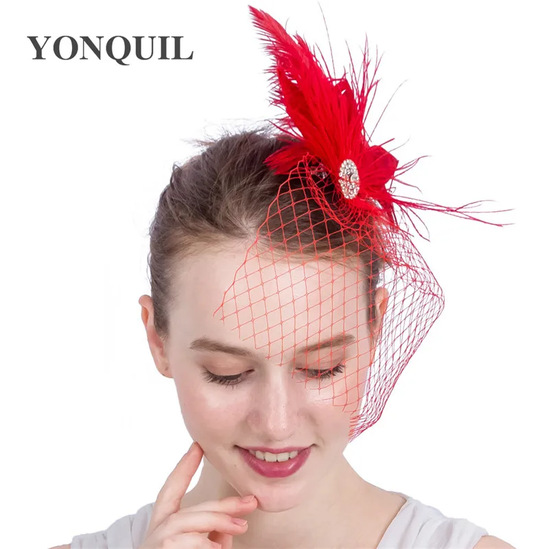 Модные Красные Свадебные шляпы с перьями вуалетки для невесты милые Стильные