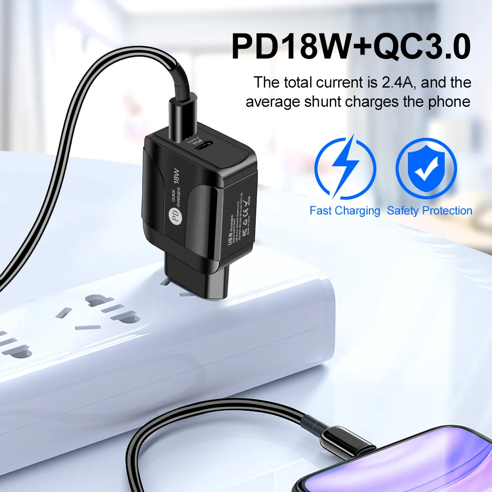 

18W QC3.0 Dual Usb Port Cellphone Power Adapter PD Charger Travel Wall Charger For iPhone QC3.0 Fast Charging for Samsung Xiaomi
