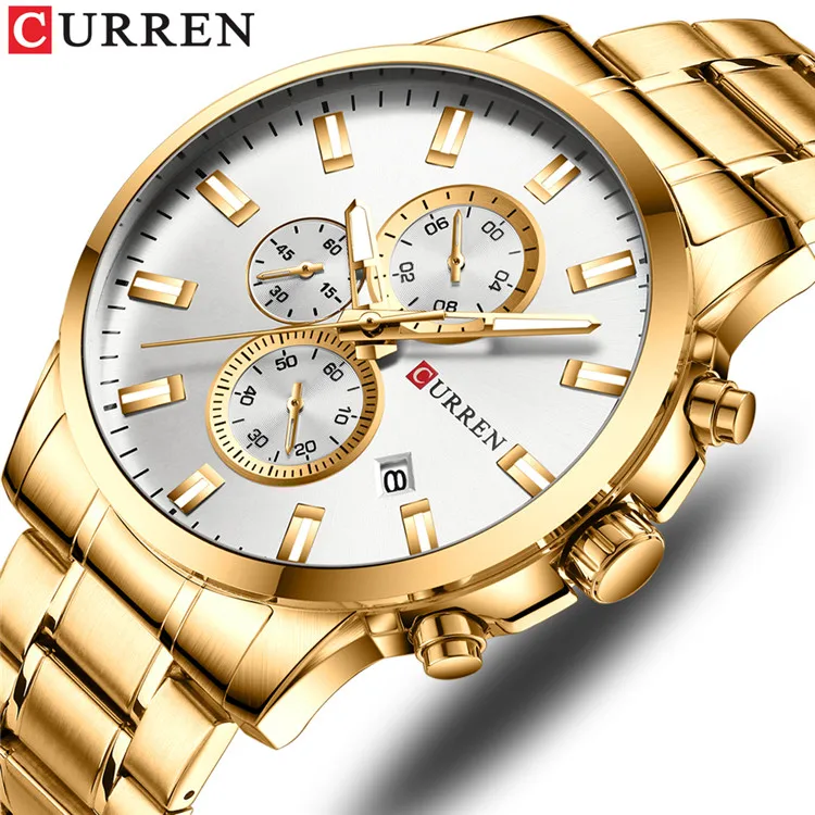 gold white CURREN новые часы мужские модные спортивные часы из нержавеющей стали Кварцевые наручные часы Военные хронограф мужские водонепроницаемые 8348 - Цвет: gold white