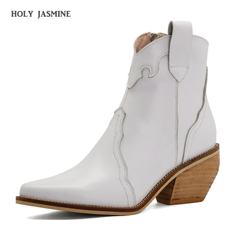 

Perixir Ankle Boots Women Thick High Heels Pointed Toe Western Cowboy Boots Female Black white Leather Shoes for Lady 2020Autumn