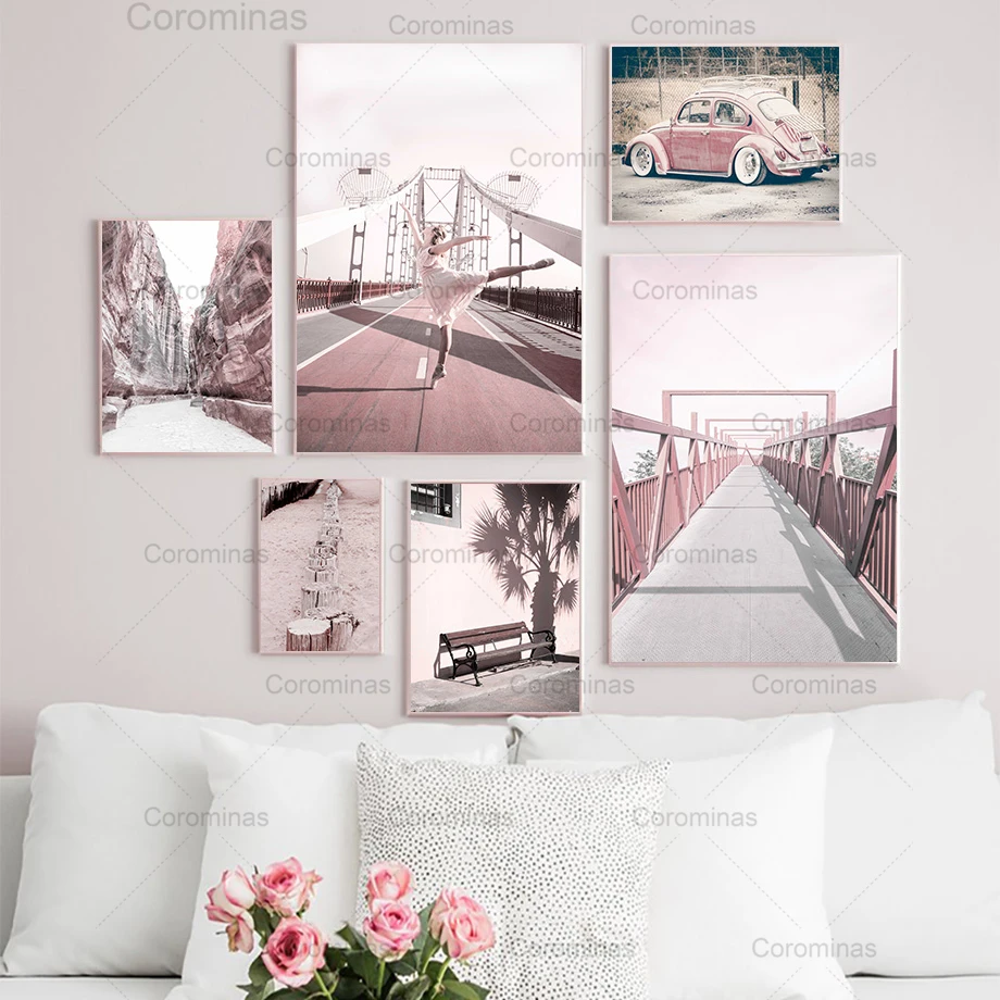 

Pink Bridge Beach Car Ballet Girl Tree Wall Art Canvas Painting Nordic Hd Posters and Prints Wall Pictures for Living Room Decor