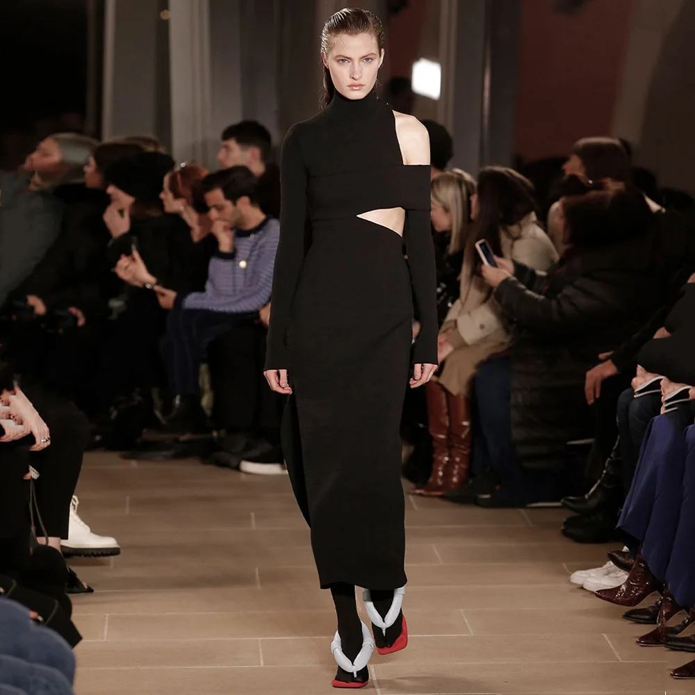 

Женское длинное облегающее платье Love Aing, однотонное платье с высоким воротником и разрезом, облегающее подиумное платье, новинка 2020