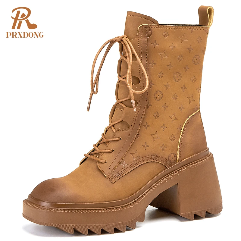 

2021 Winter High Quality Women's Combat Boots High Heels Thick Platform Lace Up Ladies Ankle Boots Round Toe Casual Female Shoes