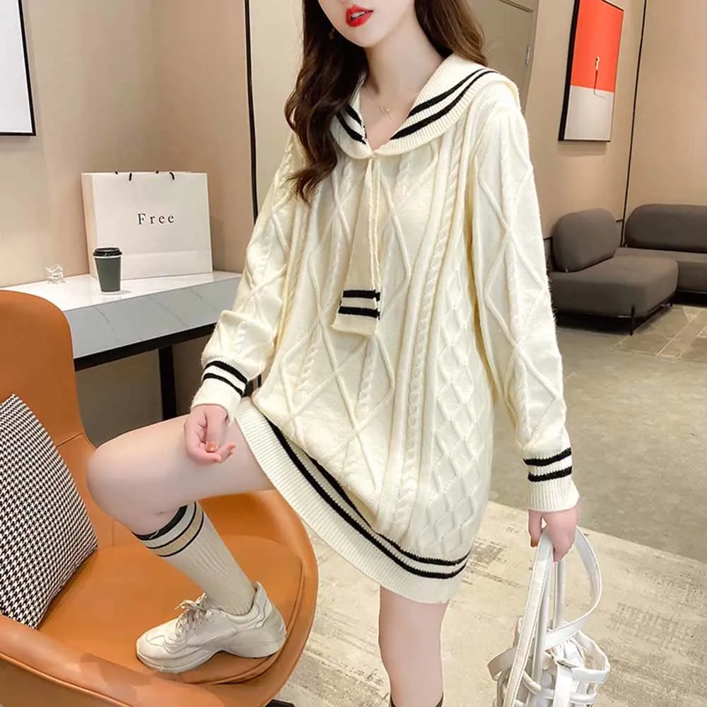 

Korean 2021 Women Mid-length Sweater Pullover Sailor Collar Fashion Fall Sweater And Jumpers Long Knit Dress Pull Femme