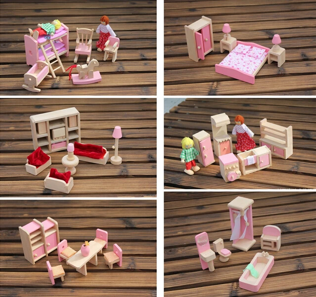 

6 комплектов стильных забавных детских ролевых деревянных игрушек, кукольный домик, детская комната, столовая, гостиная, миниатюрная мебель