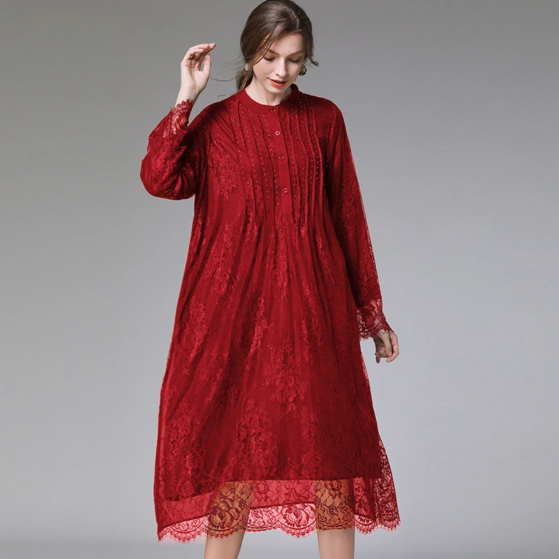 

Plus size women's loose Elegant dress 2020 spring new show thin stand neck long sleeve lace dresses high waist long dress
