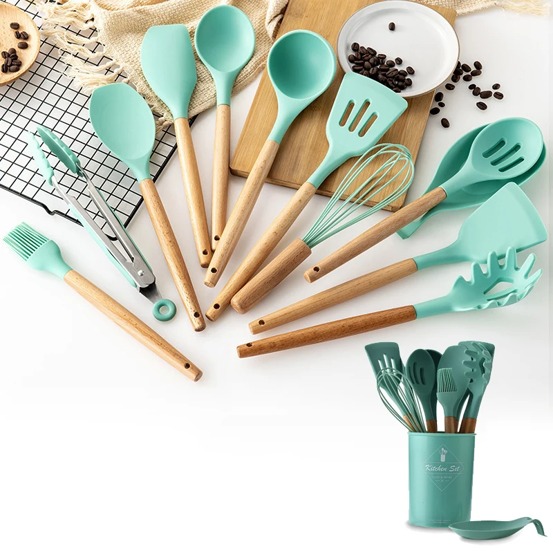 1 шт. набор кухонной посуды из силикона с натуральными деревянными ручками