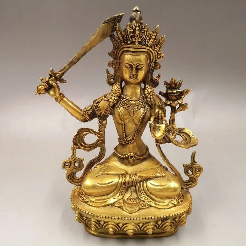 

8" Chinese antique brass Tibetan Buddhism Bodhisattva Manjusri Buddha statue