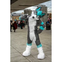 long fur blue grey wolf husky dog mascot costume adult cartoon character advertisement public halloween outdoor decorations