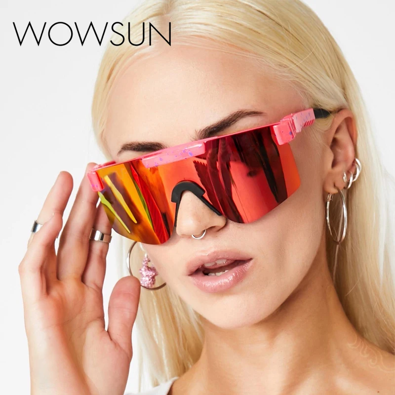 

WOWSUN 2021 Flat Top Quality Glasses Women Sunglasses Men Blue Frame Mirror Lens Windproof Sport No Polarized Sun Glasses ForMen