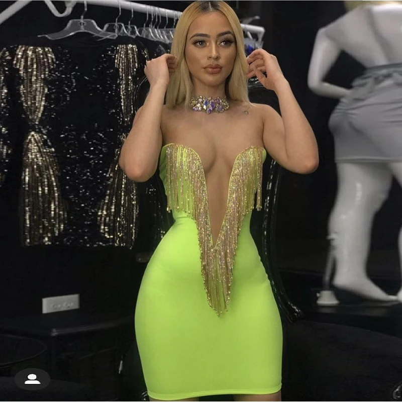 2019 Bandage Dress Fashion Luxury Diamond Tassel Sexy V-Neck Spaghetti Strap Bodycon Dresses Women Solid Color Club Vestidos | Женская