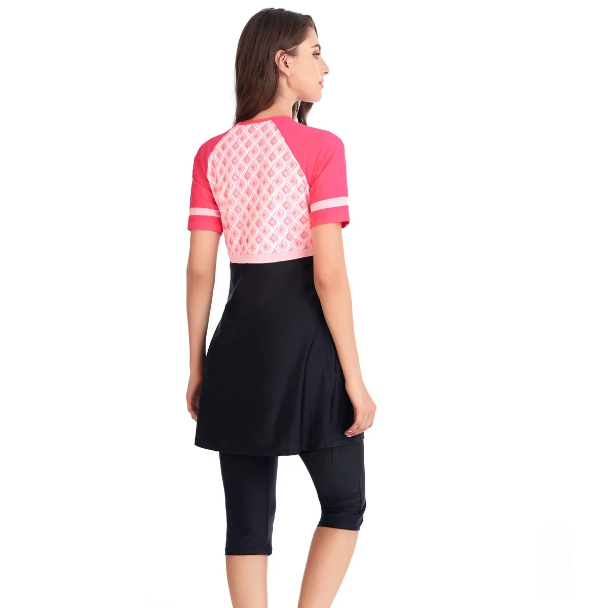 

2021 Women Muslim Swimsuit Plus Size Islamic Burkinis With Swim Hat Sport Swimwear Ladies Short Sleeve Print Modest -40