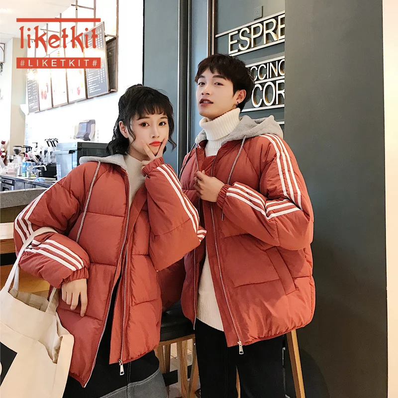 Liketkit мужские и женские зимние куртки 2019 повседневные свободные пальто в полоску