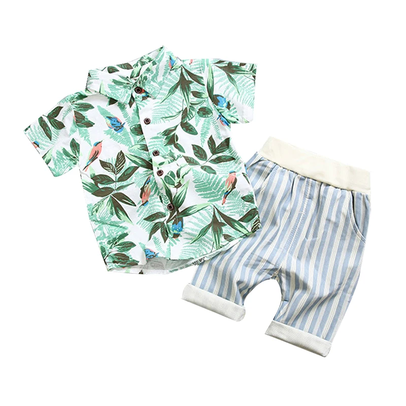 Детский хлопковый комплект из рубашки и брюк в полоску с принтом Гавайская елка |