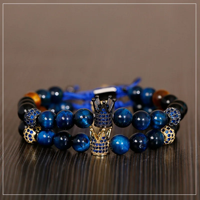 

Luxury Blue Crown CZ Zircon Pave Weaving Bracelet Homme Men Women Tiger Eye Stone Beads Bracelet Dropshipping