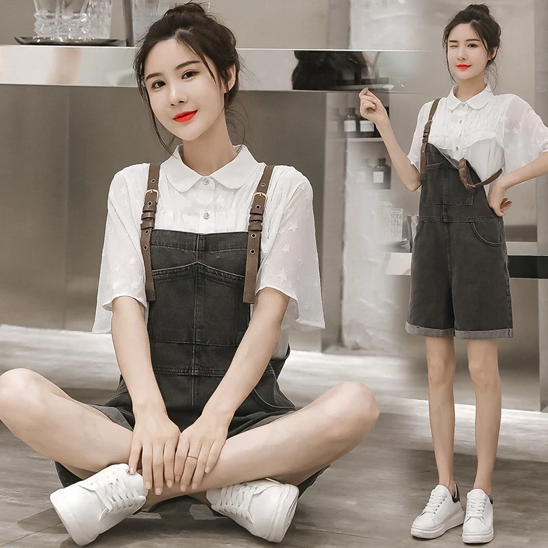 

Lucyever Denim Women Two Piece Set Summer Half Sleeve Chiffon Shirt Fashion Jeans Overalls Shorts Casual Korean Ladies Outfits