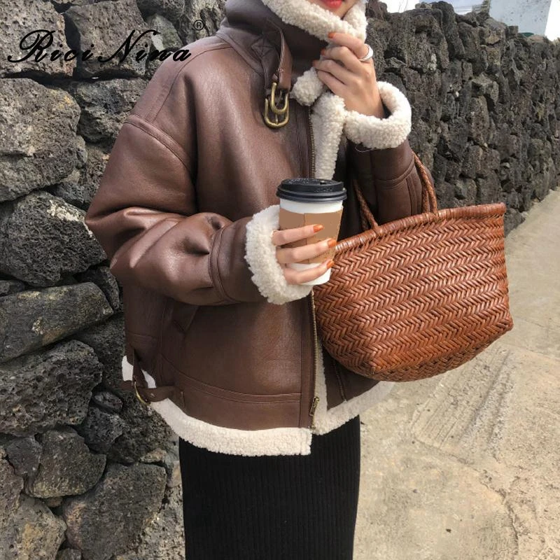 RICININA женская кожаная куртка зима 2019 на молнии из кусков теплая свободная