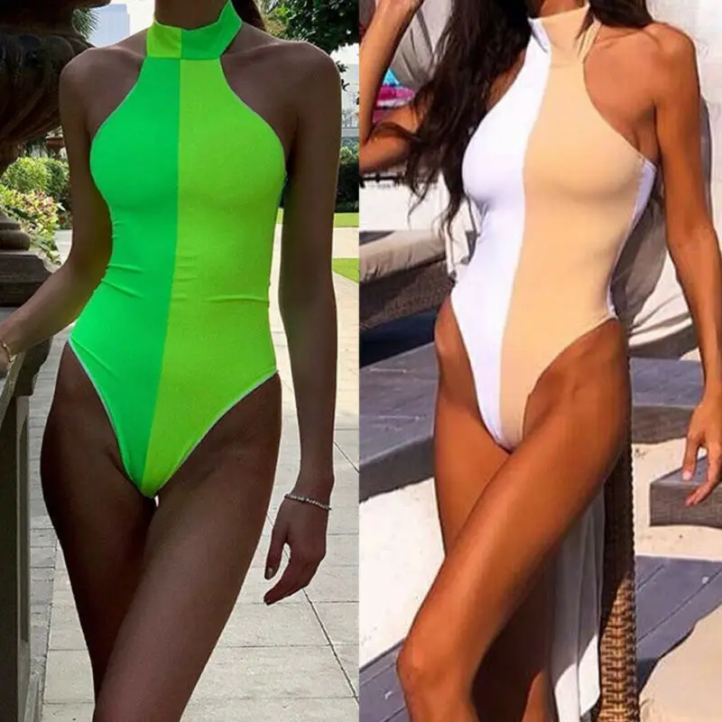 Новый летний женский цельный купальник Модный Купальник с лямкой на шее