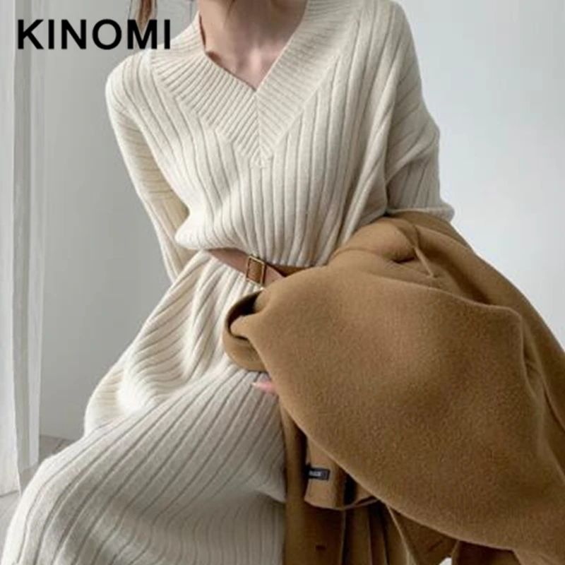 KINOMI новинка 2019 Осень зима женские платья вязанные прямые корейский стиль модные
