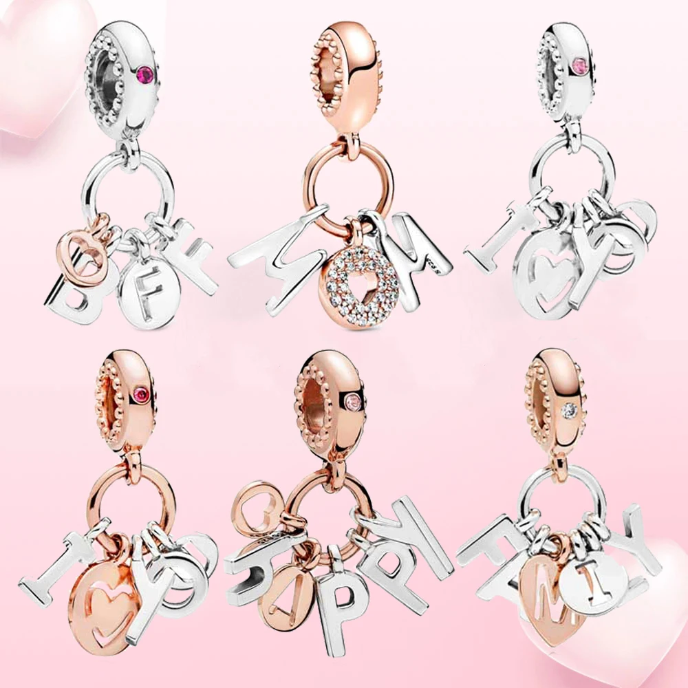 

DIY Charm Rose I Love You Happy Mum Family Bff Letter Pendant 925 Sterling Silver Bead Fit Pandora Bracelet Jewelry