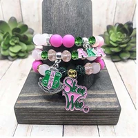 hand made elastic greek sorority green pink crystal disco ball pear gift greek sorority charm bracelet set