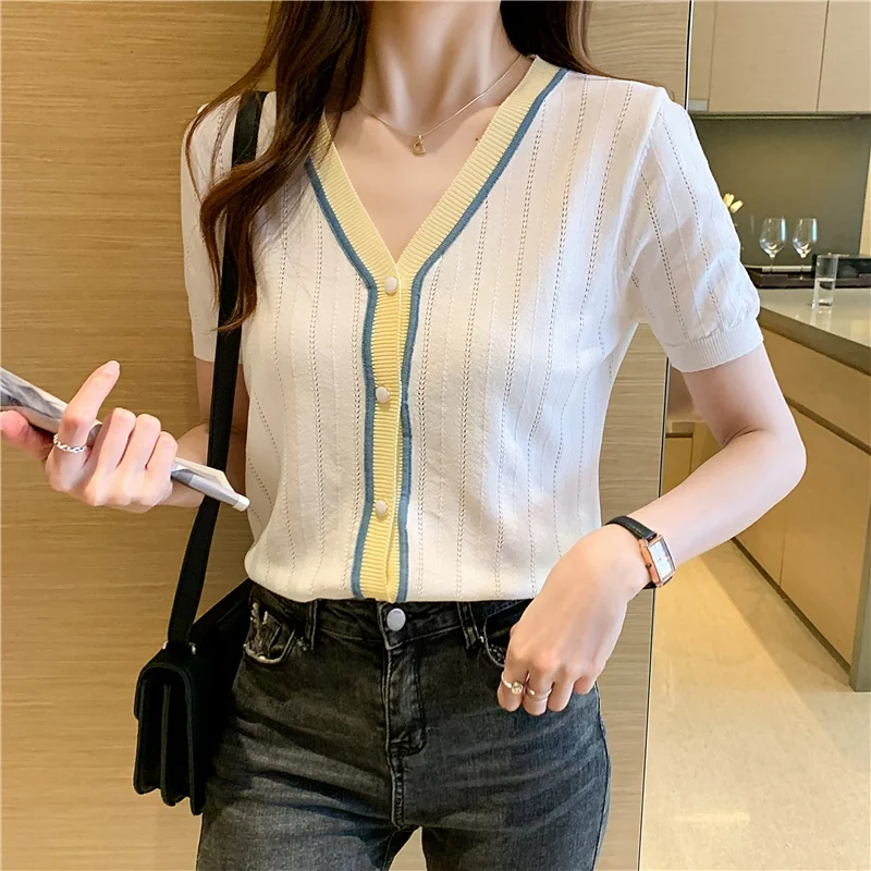 

BOBOKATEER Short Sleeve Women's T-shirt 2021 Camisetas De Mujer Knitted Woman Tshirts V-Neck Haut Femme Elegant Female Clothing
