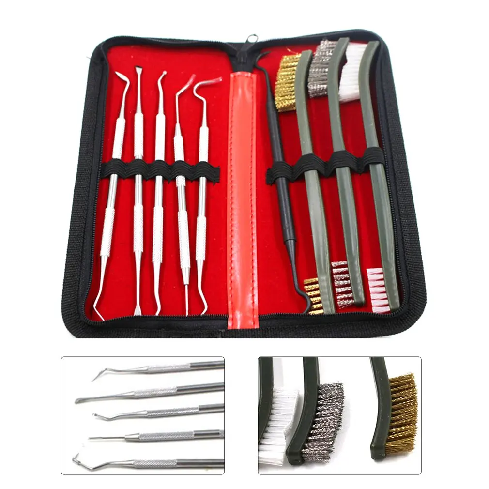 

9pcs/Set Gun Cleaning Kit Set 3 Brass Steel Nylon Brush + 6 Stainless Steel Nylon Pick Tactical Rifle Pistol Gun Cleaning Tool