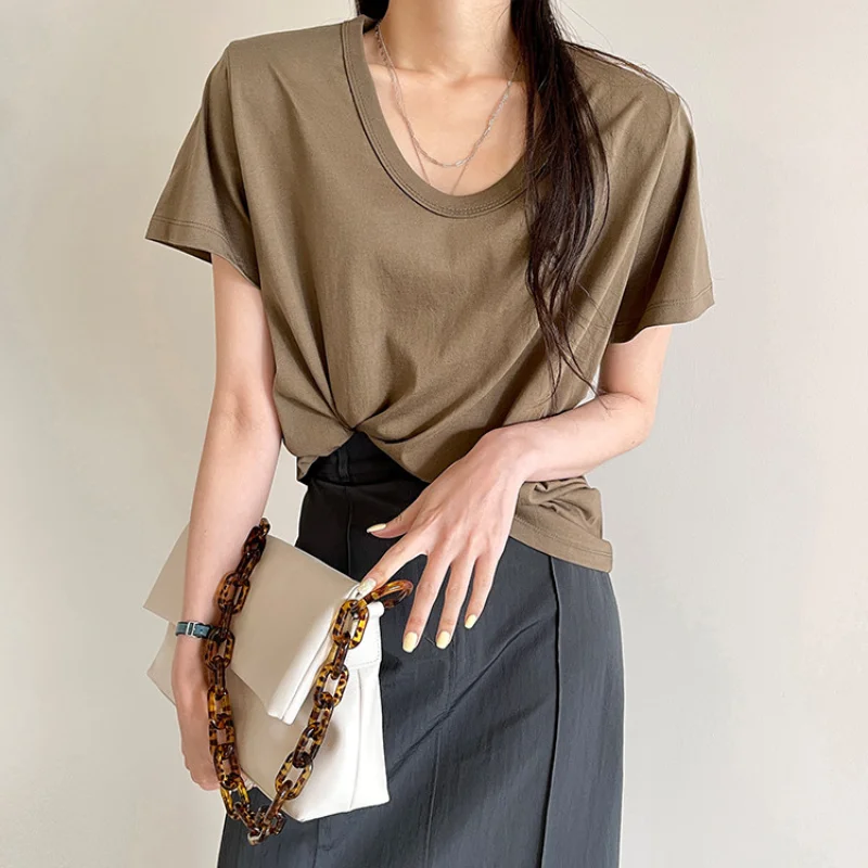 

Женская хлопковая футболка с коротким рукавом, Повседневная футболка с U-образным вырезом и наплечниками, пуловер, топы, лето 2021