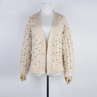 luxury pearl handmade beading thick cardigan women 2021autumn winter fashion v neck twist knitting sweater mujer