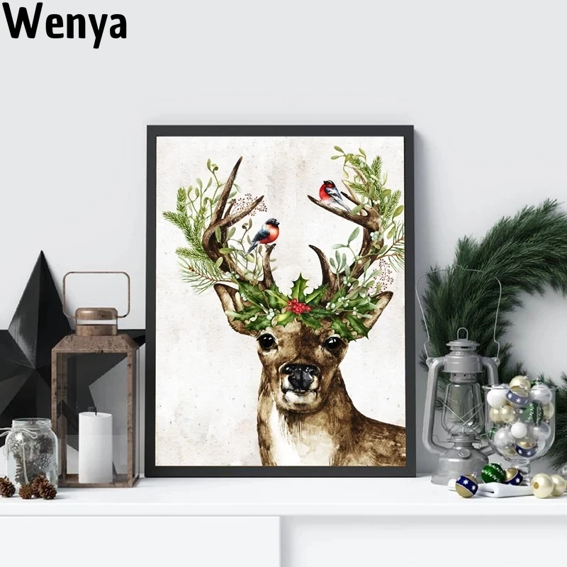 

Woodland Animal Deer Print Winter Holly Berries Christmas Holiday Decoration Poster Wall Art Canvas Painting Farmhouse Decor