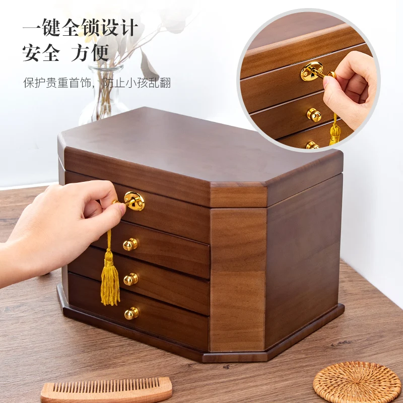 Hexagonal Solid Wood Jewelry Box Storage With Lock Earrings Necklace Large Capacity Simple Retro Birthday Gift Box