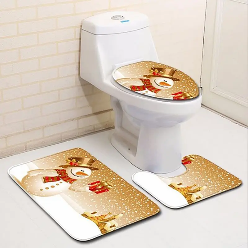 

Shower Curtain Mat Sets Non-Slip Rugs Toilet Lid Cover Bath Mat Snowman Waterproof Bathroom Curtains For Christmas Home Decor