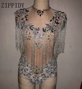 Сияющие AB Камни бахрома трико телесного цвета цельный с кисточками боди Вечеринка День Рождения Праздновать костюм певица танец стрейч наряд