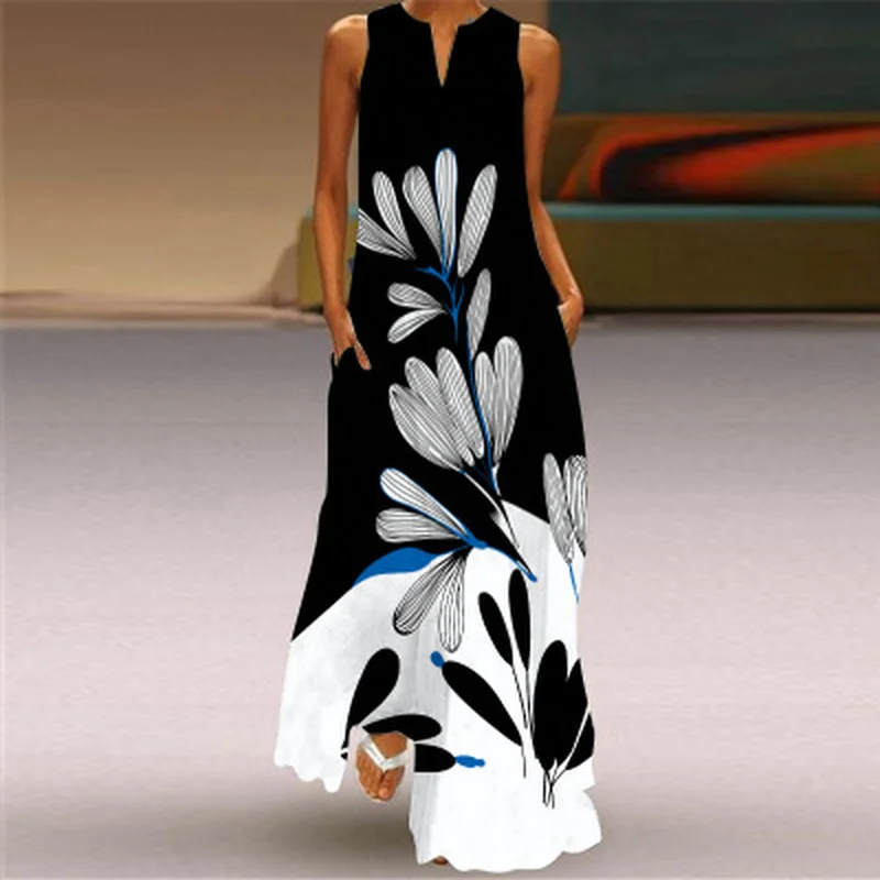 

Summer Long Dress Woman Casual Print Vintage Sleeveless Round Neck Dress Femme Robe Vestido De Festa Women's Clothing