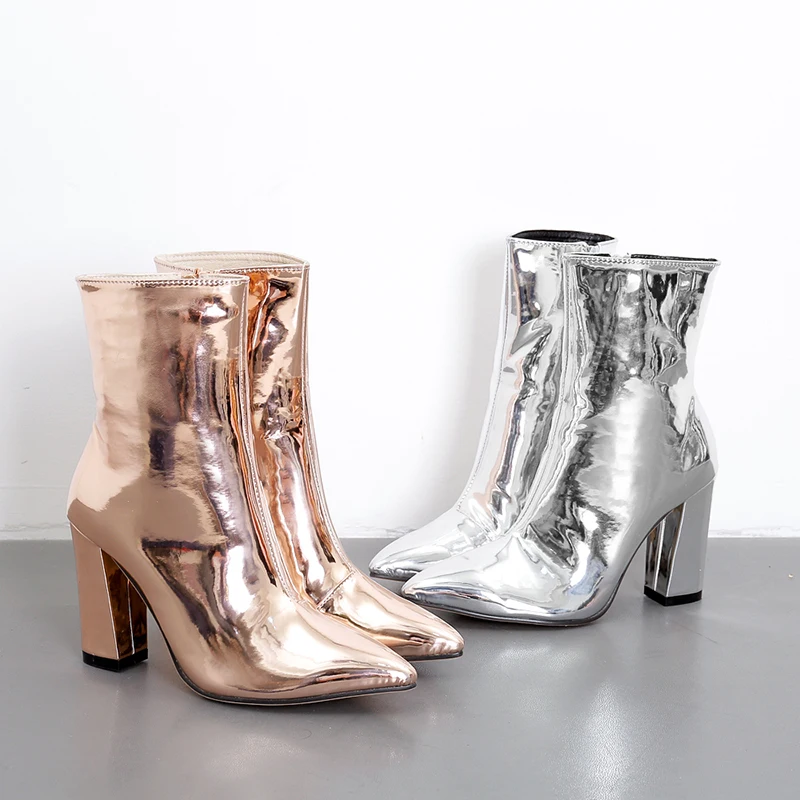 

Thin short boots women's spring and autumn pointed thin British gold silver patent leather high heel thick heel women's Boots