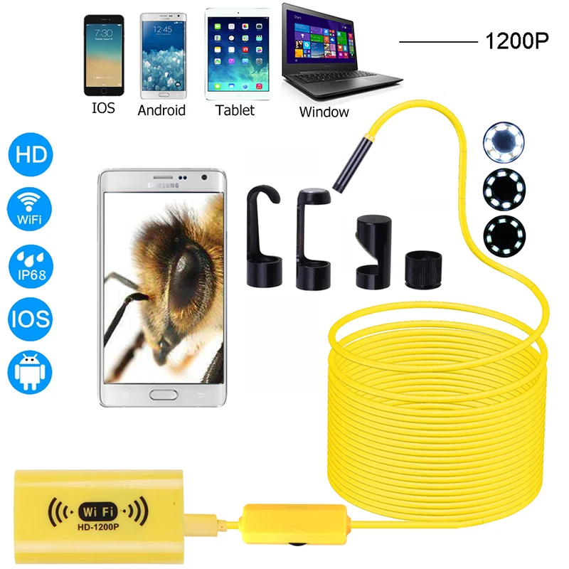 

F130 WIFI Endoscope Camera 8mm lens HD1200P Soft Hard wire wireless waterproof inspection borescope for PC Android IOS Yellow