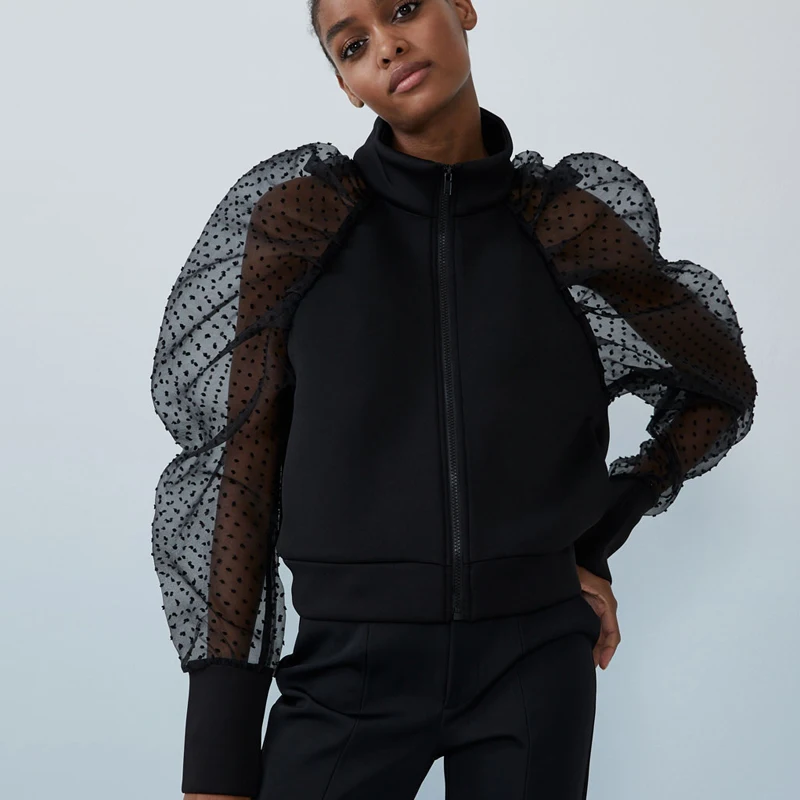 Fandy Lokar Stand Collar Jackets Women Fashion Translucent Long Sleeve Coats Women Elegant Zipper Solid Jackets Female Ladies HG