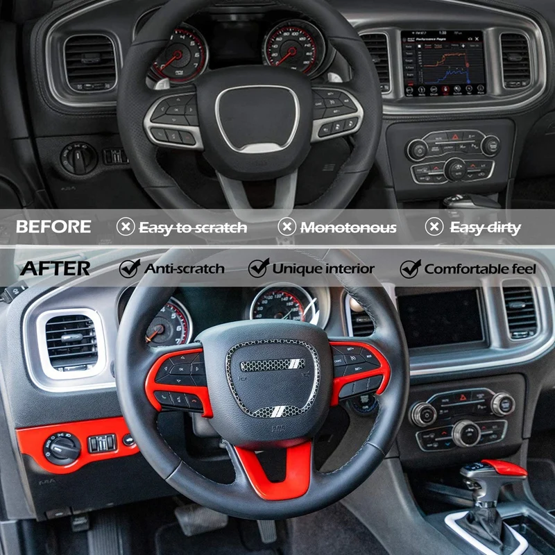 

Car Steering Wheel Frame & Headlight Switch Panel Sticker & Gear Shift Trim Cover for 2015-2021 Dodge Charger/Challenger