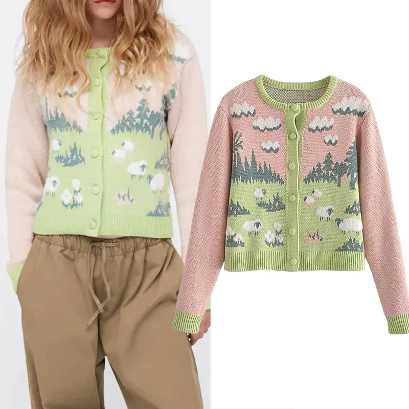 

Women Sweater 2021 Autumn Winter Fashion Animal Pattern Knitted Cardigan Ladies Casual Cardigan Coat Vintage Tops Streetwear