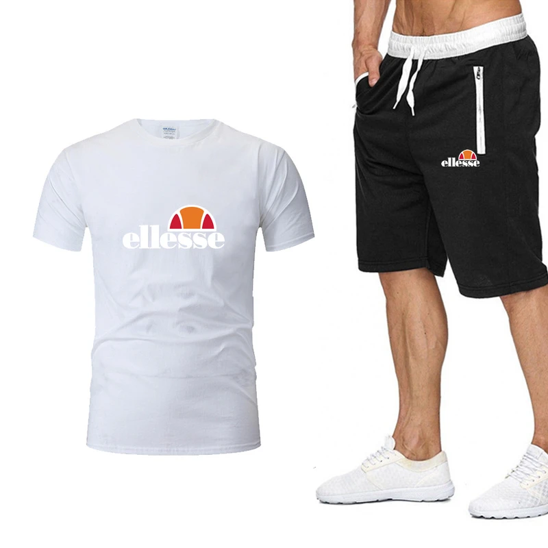 

Summer Fashion Splicing Short Sleeve Men Suit 2021 New Cotton O-neck Printed Top + Elastic Band Comfortable Sports Short Pants