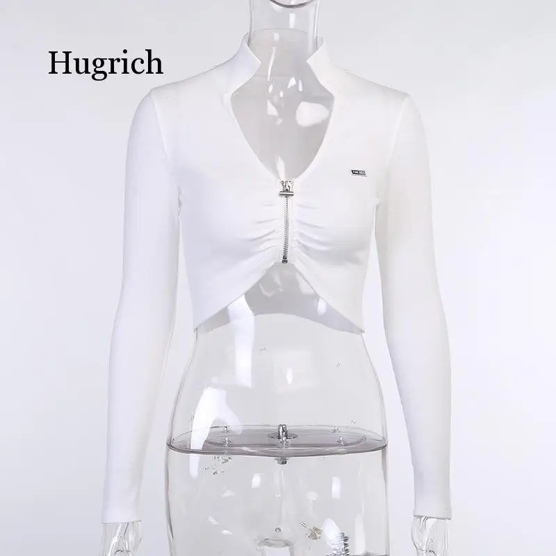 

2021 Spring European and American Zipper Fold Open Navel Sports Slim Elastic Short Long Sleeve T-Shirt
