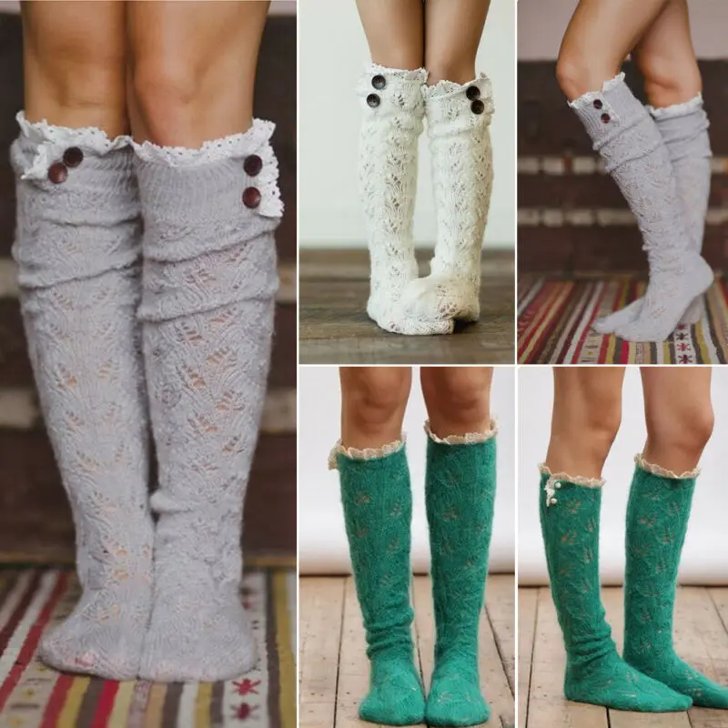 

Women Winter Warm Leggings Cable Knitted Lace Over Knee Thigh High Long Boot Socks