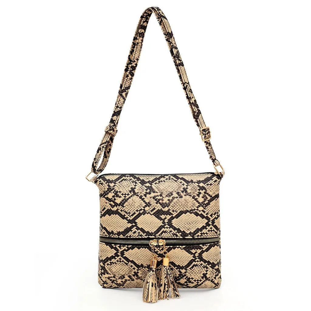 Fashion Women Tassel Snake Printing Zipper Messenger Bag Handbag Shoulder Bag Elegant Small Square Bags#YJ