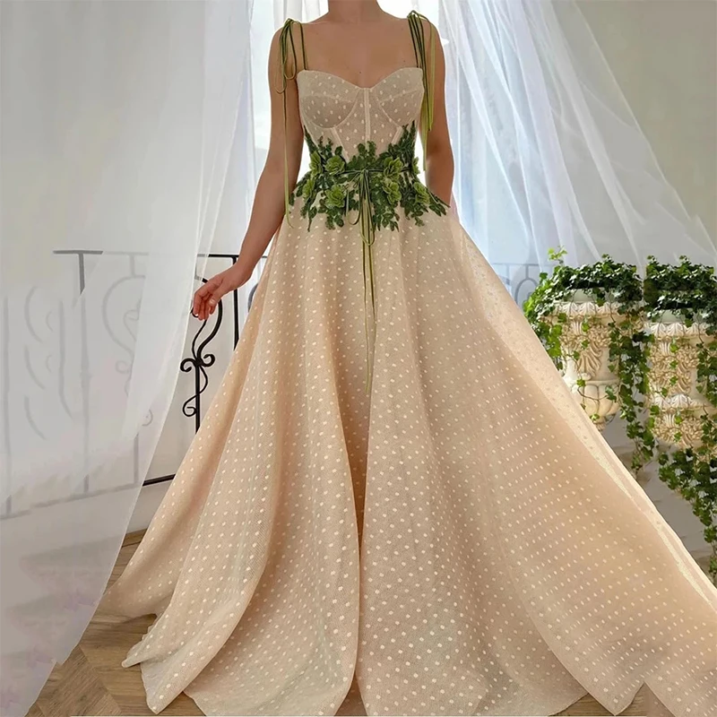 

Evening Dresses Scalloped Court Train Floral Pastrol Floor-Length Chiffon A-LINE Appliques Draped Sleeveless Prom 2021 New