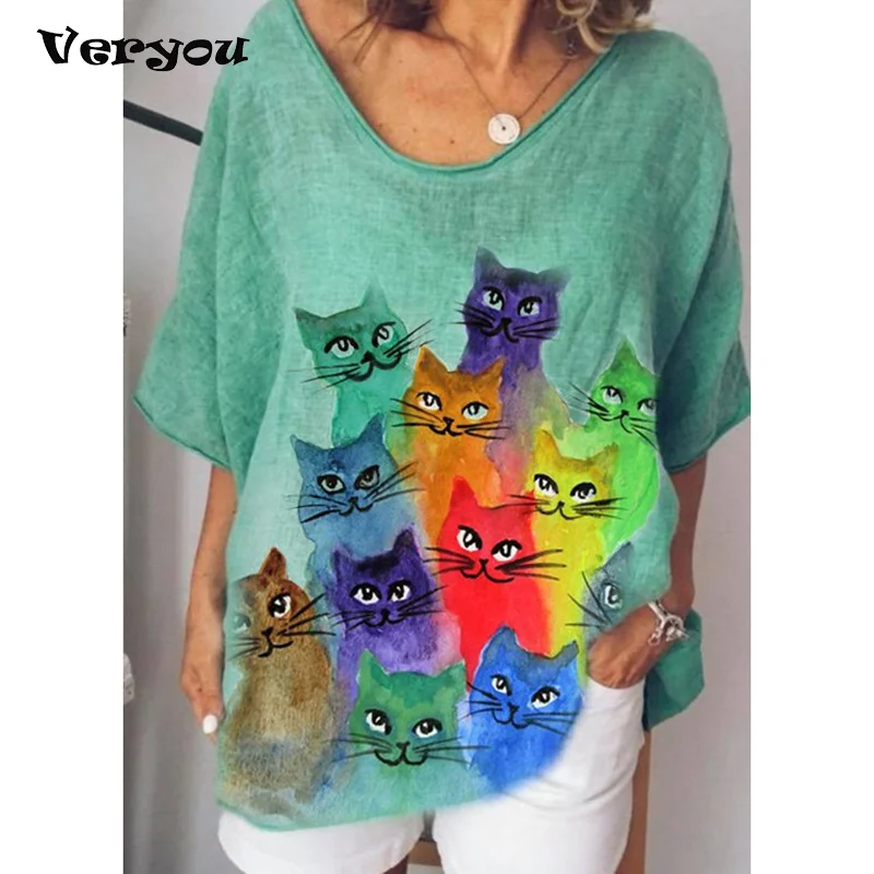 

2021 Women's T-shirt Cute Cat Print T-shirt Summer Fashion Woman Casual Tshirt Ladies Tops Vintage Short Sleeve T-shirts T New