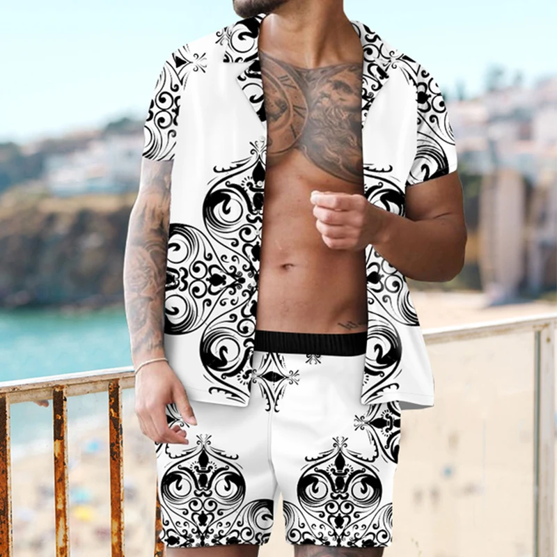 

Hot selling men's Hawaiian suit printed 2021 summer short-sleeved button-down shirt + beach shorts casual men's set 2 pieces