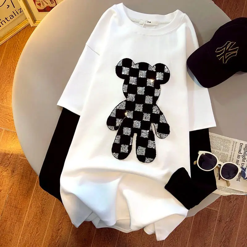 

Women's T Shirt 100% Cotton long sleeves tops spring splice shiny Fake Two-Piece T-shirt hoodie Fashion Loose girl top 2022